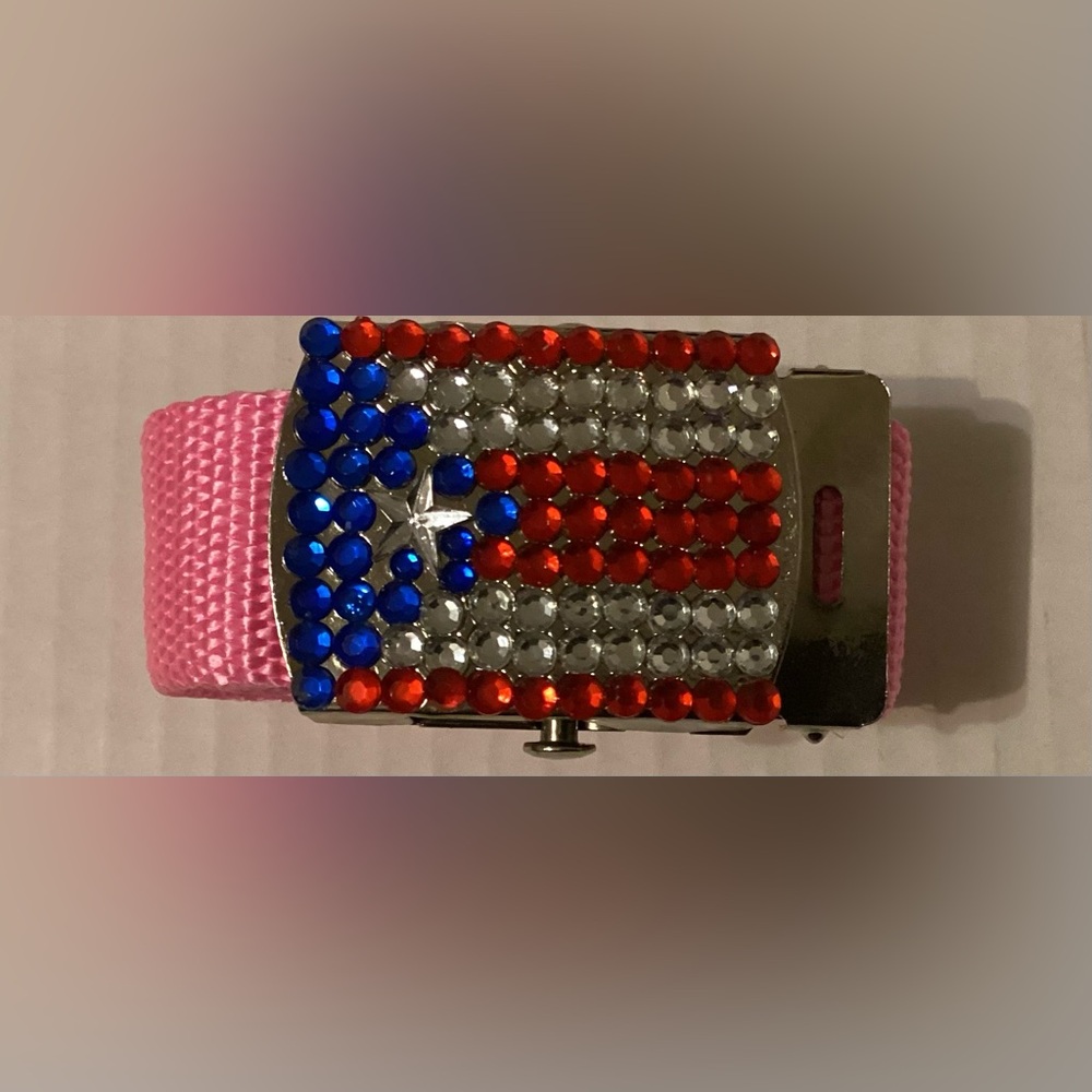 NWT Puerto Rican Flag Rhinestone Buckle with Adjustable Belt Pink